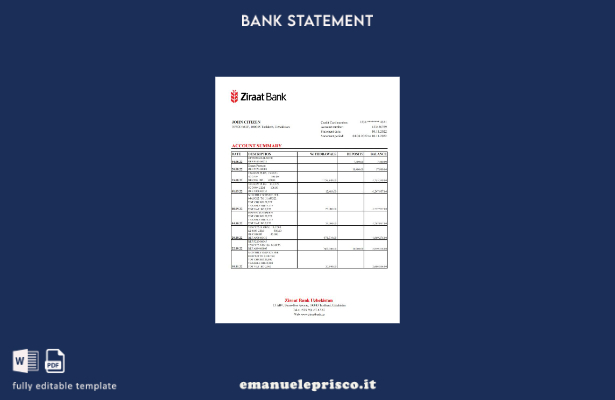 modello Excel di estratto conto bancario Ziraat dell'Uzbekistan in stile verific